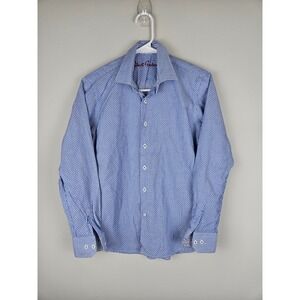 Robert Graham Boys Blue White Geometric Button Down Shirt Size L 14-16 Stretch